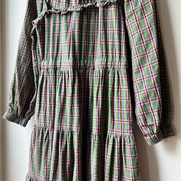 shirt by rochelle behrens Green Pink Flannel Plaid Ruffle Long Sleeve Dress Sz S - Picture 7 of 12
